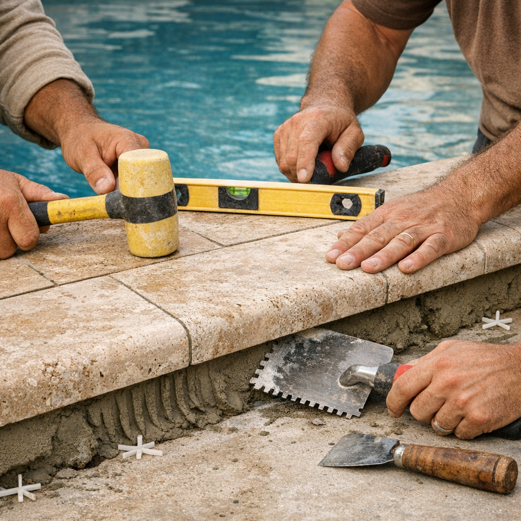 Photorealistic mid-shot of artisans installing premium tile and coping around a remodeled pool edge, close-up on hands, to...