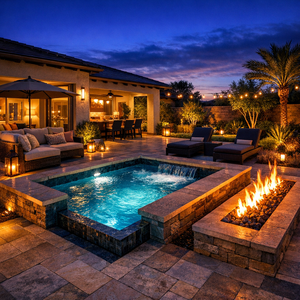 Photorealistic wide-angle shot of a finished backyard at twilight showing an integrated spool, fire feature, and smart lig...
