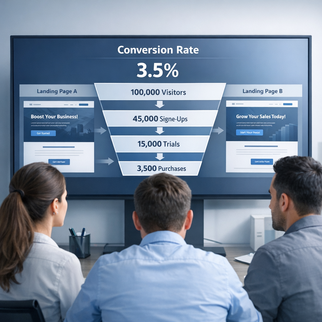 Why Are My Google Ads Not Converting: Quick Fixes Today Now! 2 A crisp, photorealistic mid-shot of a marketing team reviewing conversion funnels on a large monitor, overlay showing conv...