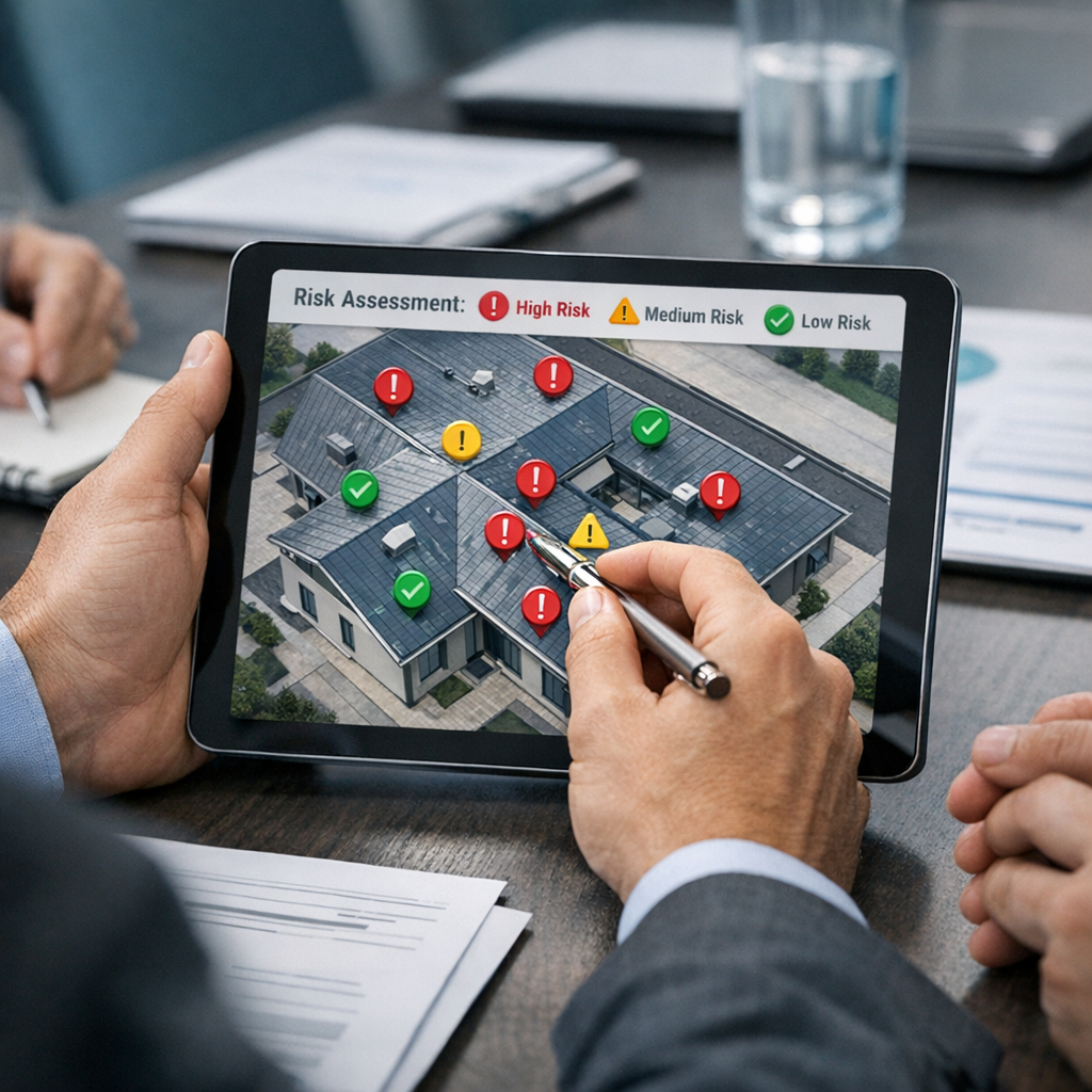 Close-up photorealistic shot of a project planning meeting in a modern conference room, a project manager pointing to a ro...