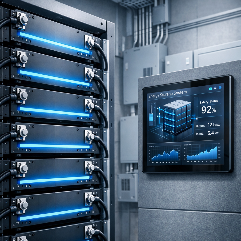 Modern illustrative photorealistic shot of an indoor electrical room with a neatly installed battery rack and monitoring t...