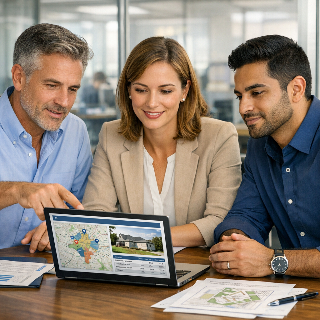 Photorealistic mid-shot of a small team in a glass conference room reviewing property documents and market maps on a lapto...