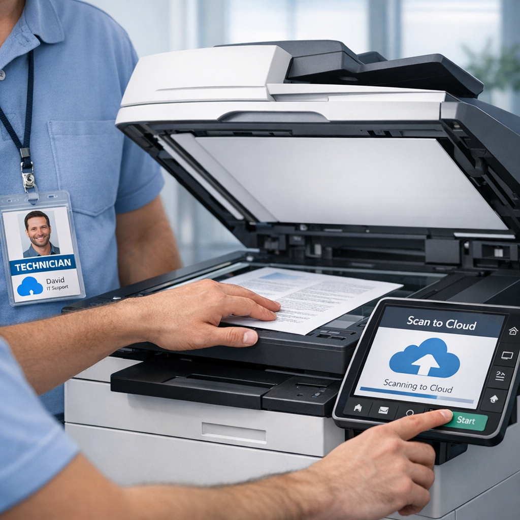 Network System Solutions | Managed Print Services Lake Havasu City Arizona | NSSAZ Help Photorealistic mid-page image showing a close-up of a managed multifunction printer being serviced in a modern office; tec...
