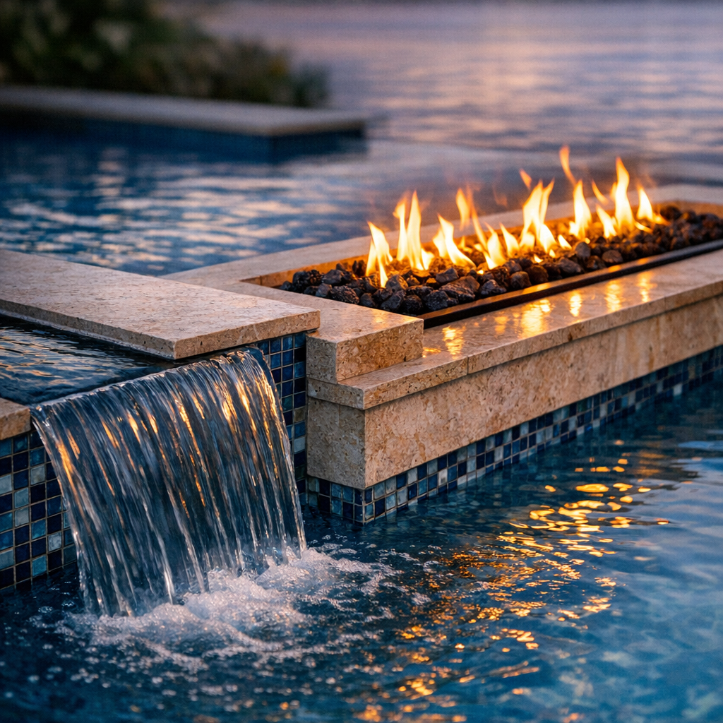 Photorealistic close-up of an in-pool spillway and adjacent rectangular gas fire trough at dusk. Centered composition, sha...