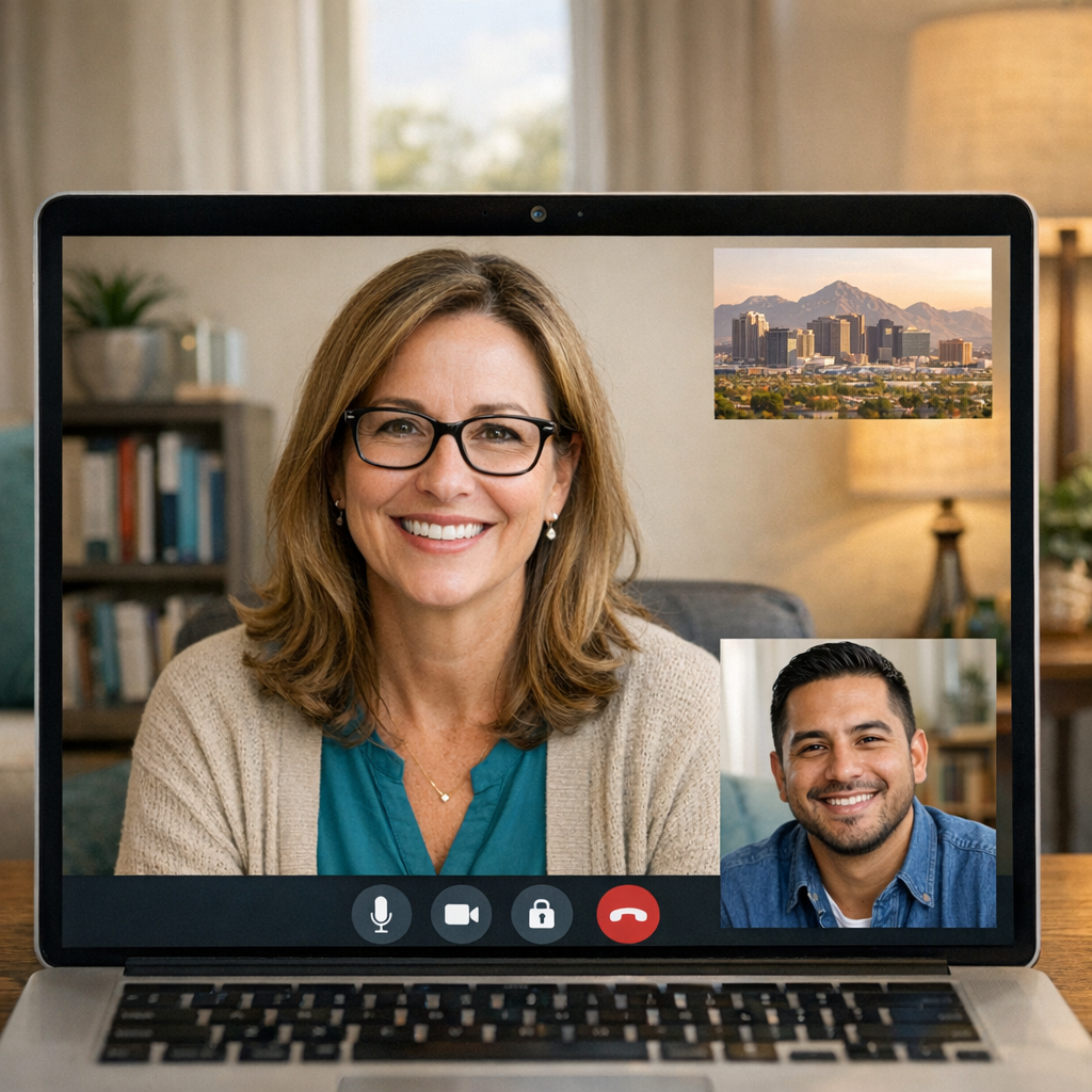 Close-up photorealistic image of a therapist and client smiling on a secure telehealth video call, screen framed within a ...