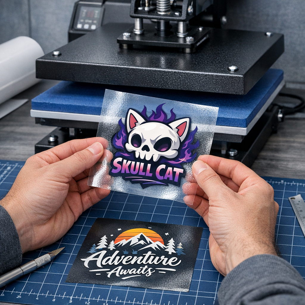 Close-up in-content photo of a hands-on workspace showing a heat press, a UV-curable DTF sticker being inspected, and a pr...