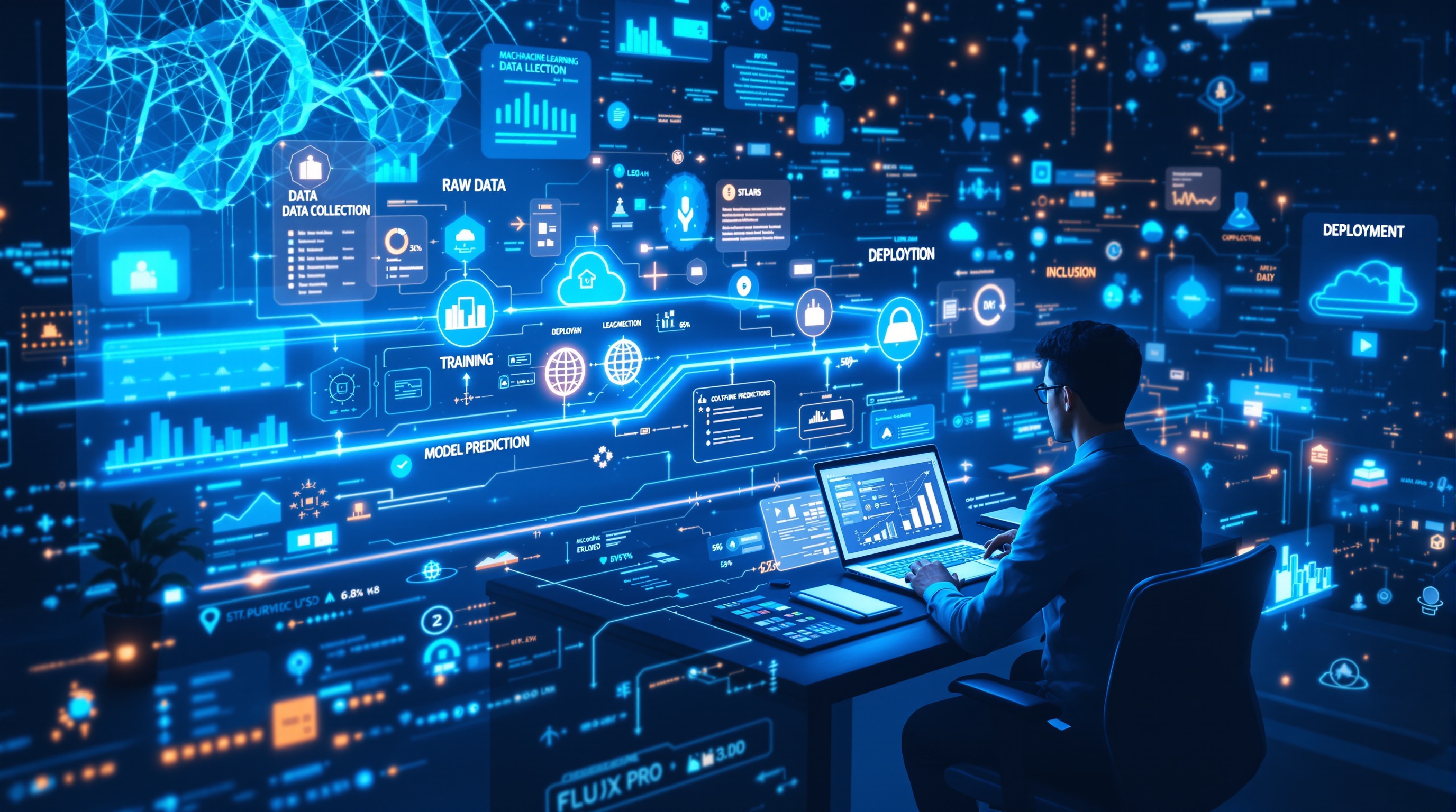 Illustration of the machine learning process showing data engineer, data collection, training, and deployment steps