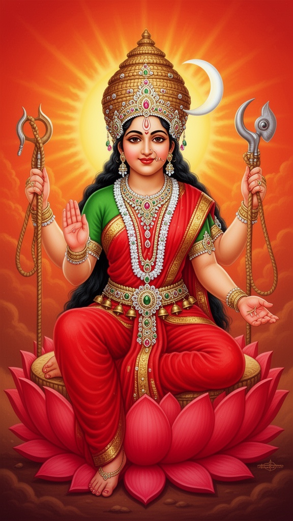 an-indian-goddess-wearing-red-saree-and-green-vmdr3omgfr