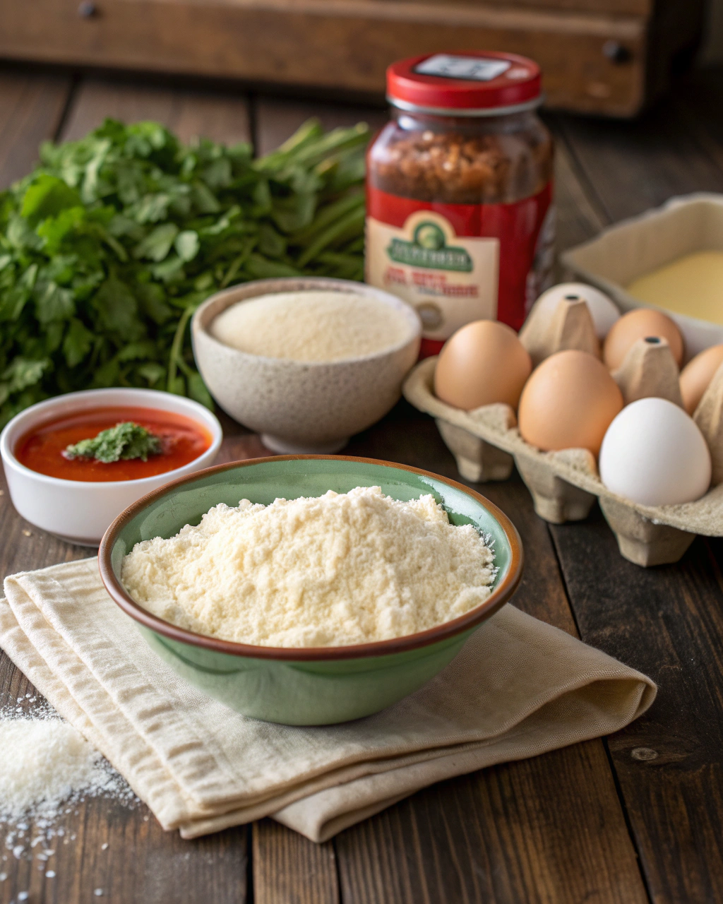 Fresh ricotta gnocchi ingredients including ricotta cheese, Parmesan, flour, and eggs arranged on marble countertop
