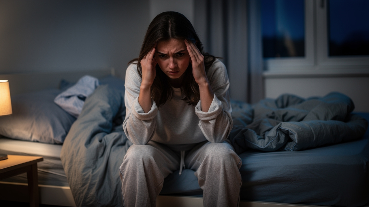 Woman experiencing sleep difficulties and stress