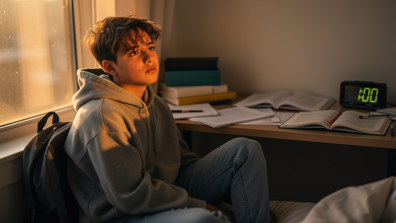 Tired teenager facing early morning schedule challenges