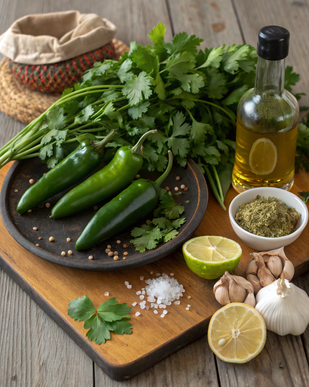 Fresh ingredients for homemade zhoug including bright green cilantro, parsley, jalapeños, garlic, and spices arranged on a marble surface