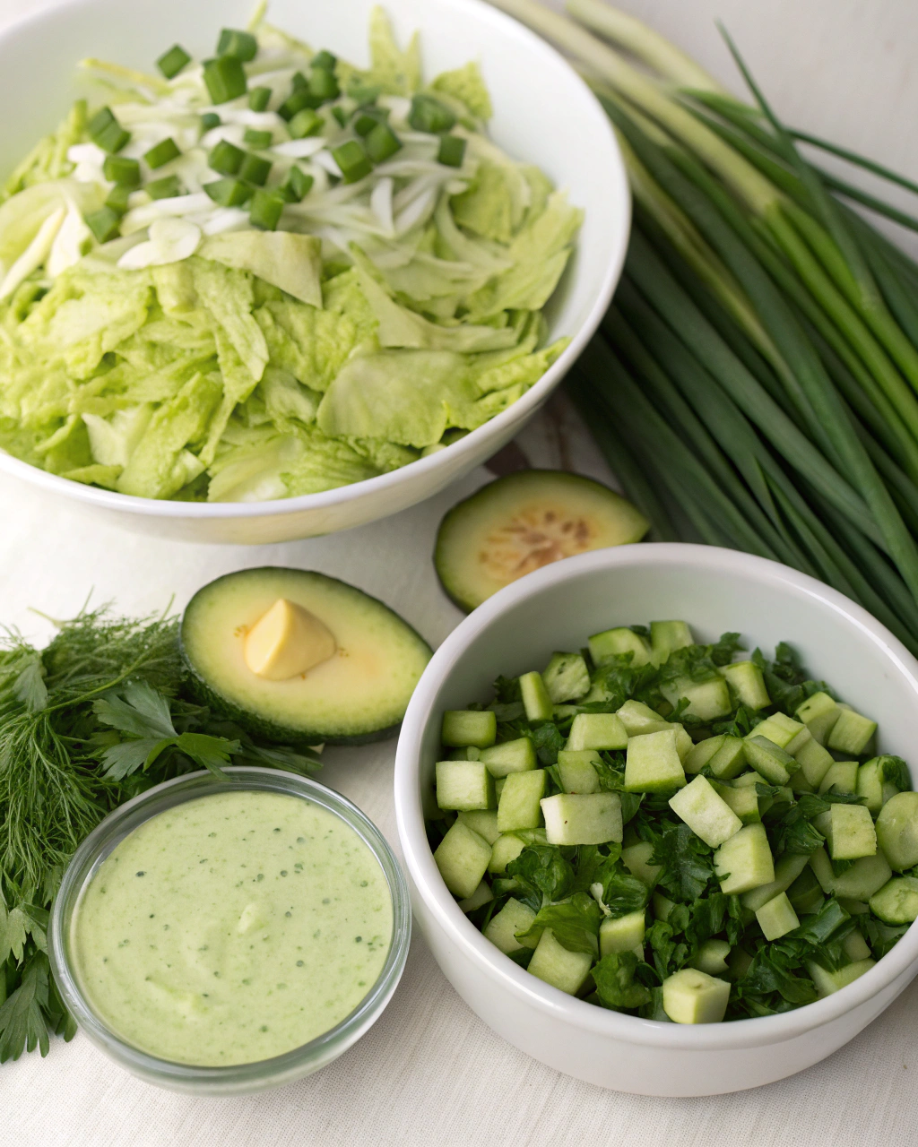 Fresh green ingredients for Green Goddess Salad arranged on a marble surface showing vibrant cabbage, cucumber, avocado, and green onions