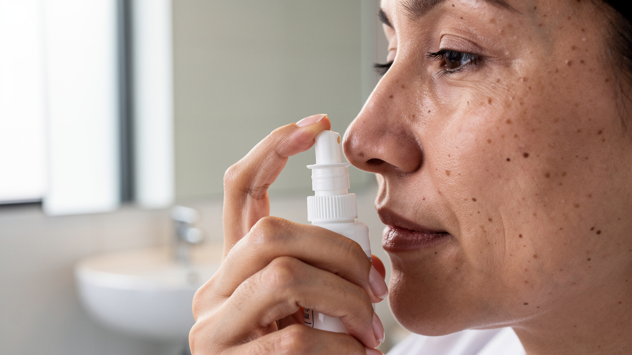 Proper nasal spray positioning and technique demonstration