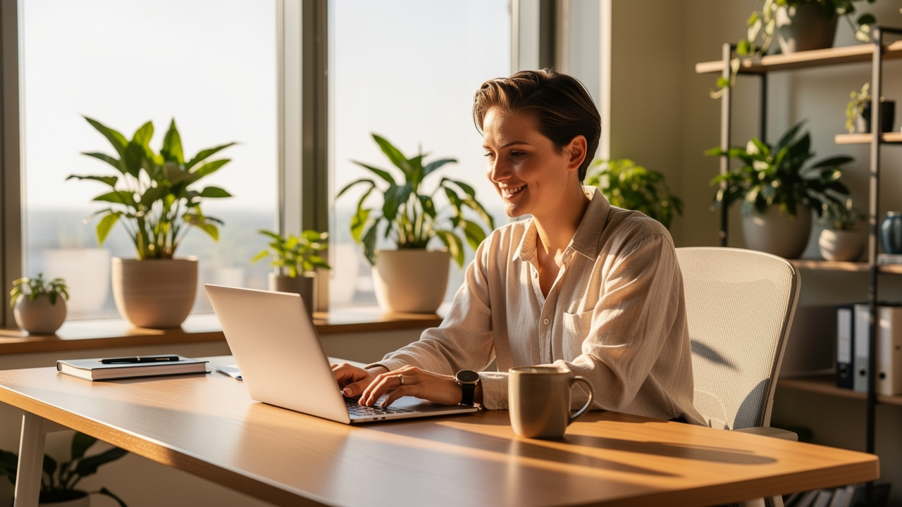 Professional experiencing calm focus in modern workspace