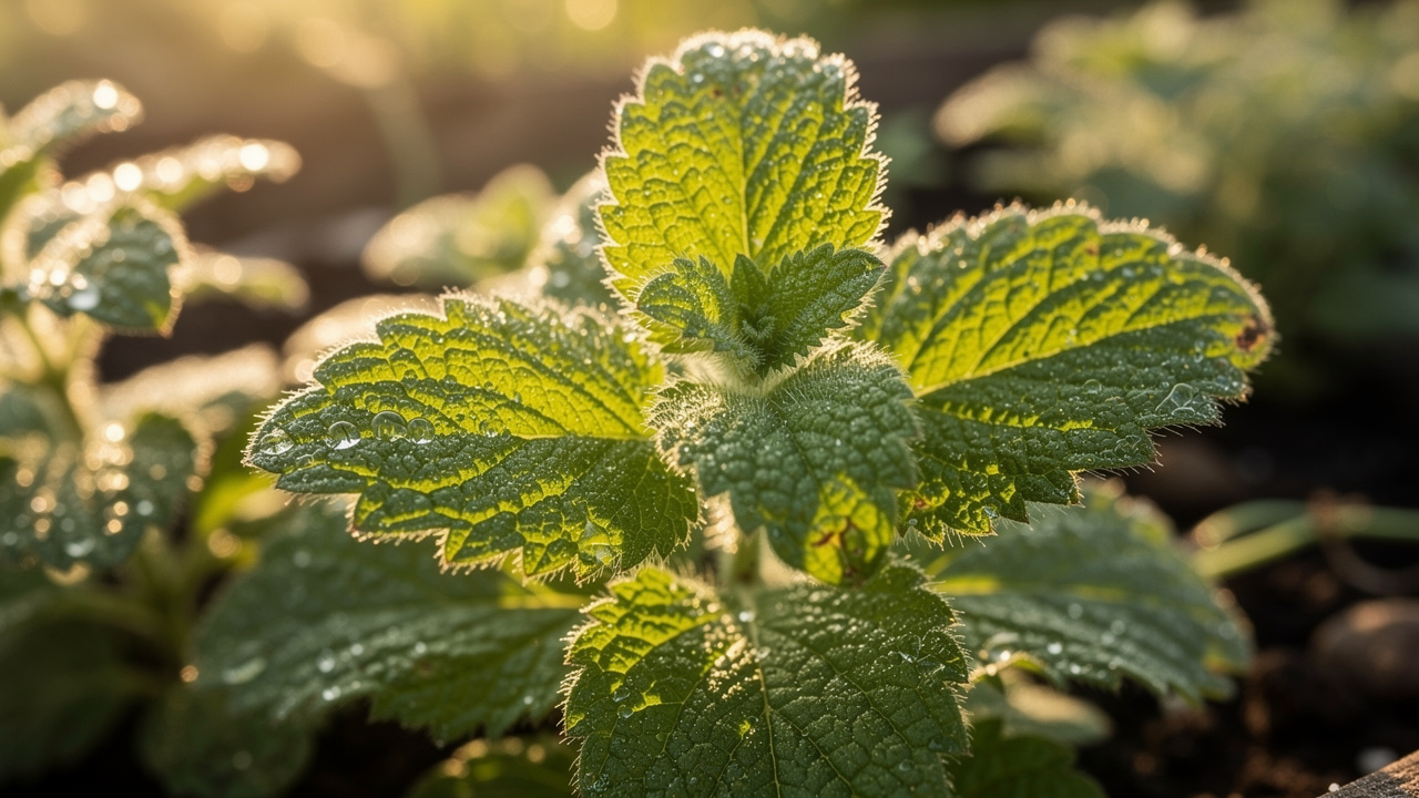 Fresh lemon balm plant with dew-covered leaves