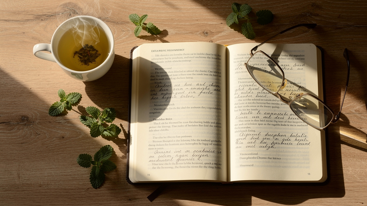 Research materials and lemon balm tea on desk