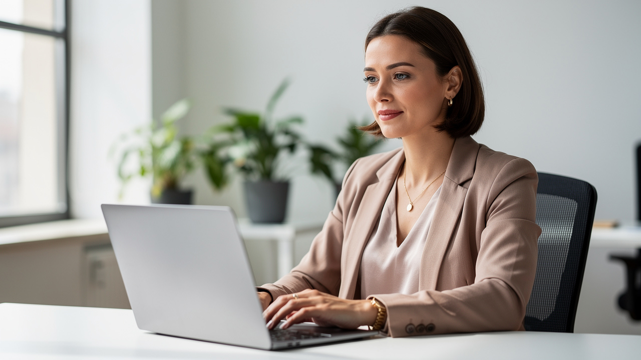 Professional woman working with calm focus at office desk