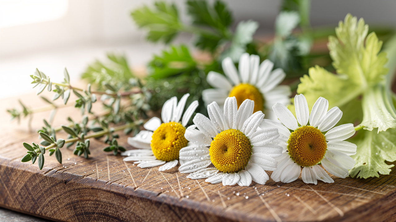 Fresh chamomile and herbs rich in apigenin