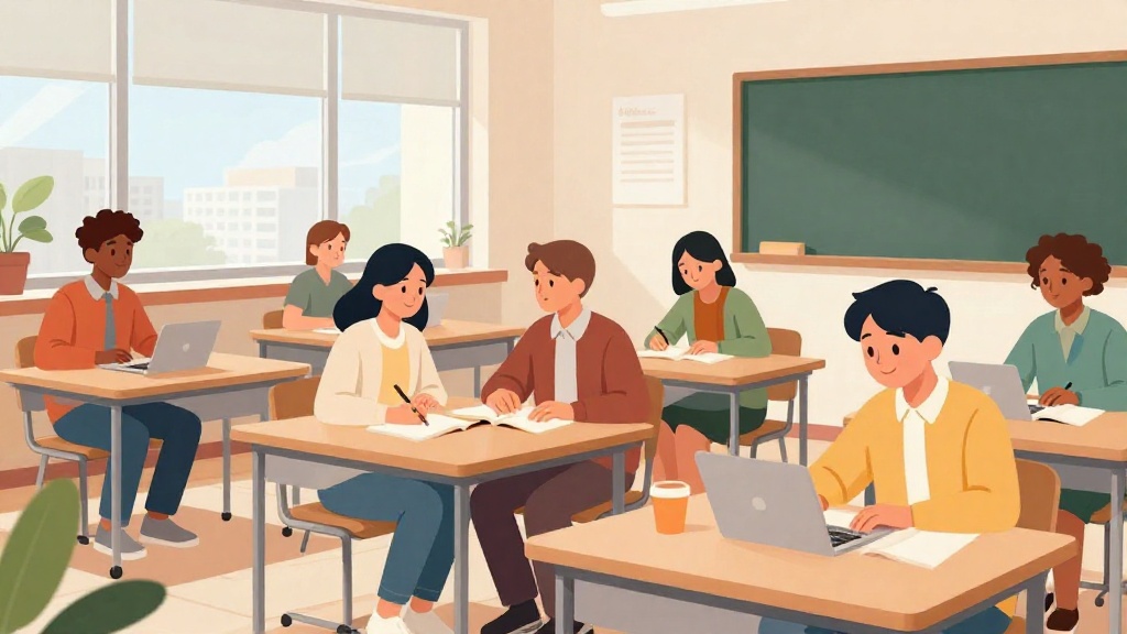 加拿大大學國際學生在現代化教室中小班上課的場景，展示互動式教學環境與多元文化學習氛圍