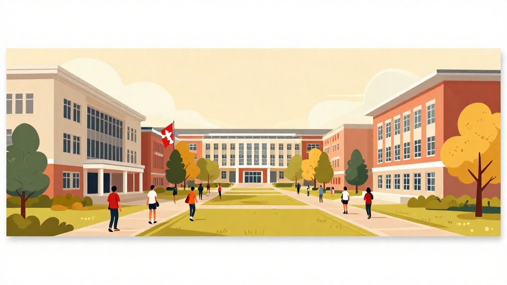 加拿大大學校園橫幅圖，展示現代化建築、楓葉旗幟與國際學生走在校園步道上，象徵友善的留學環境與多元文化氛圍