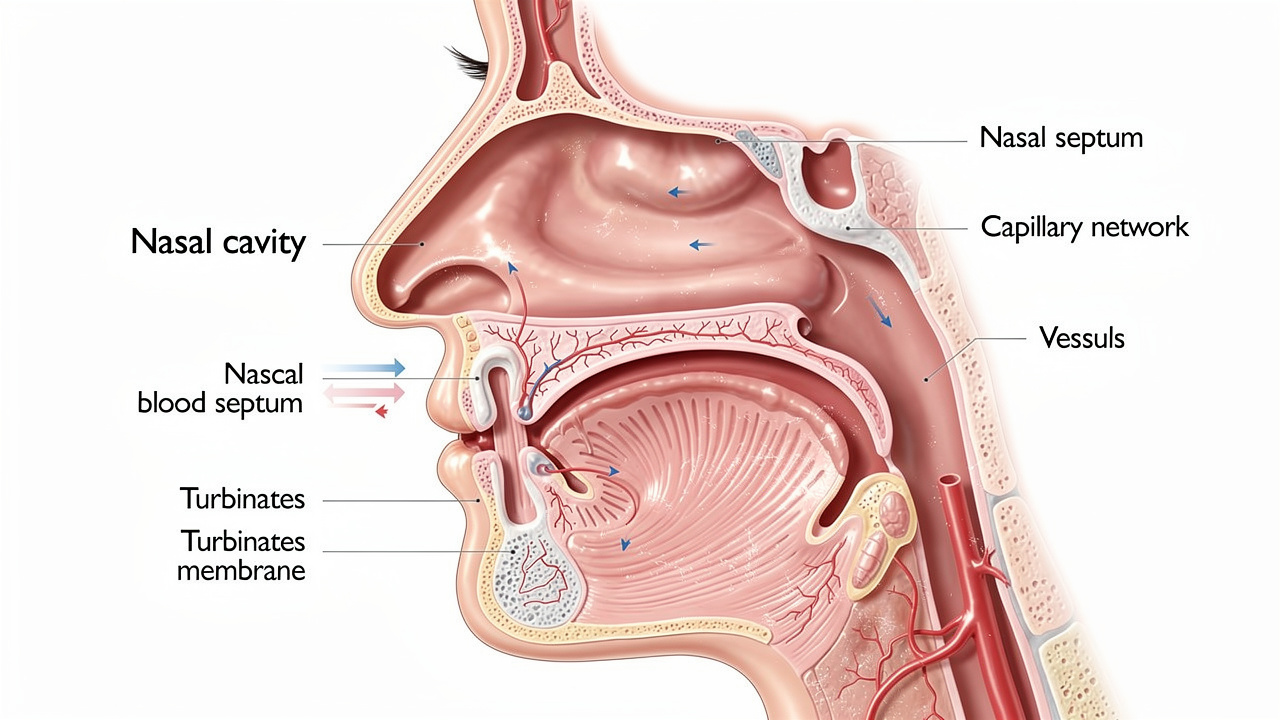 Nasal cavity anatomy showing blood vessel absorption