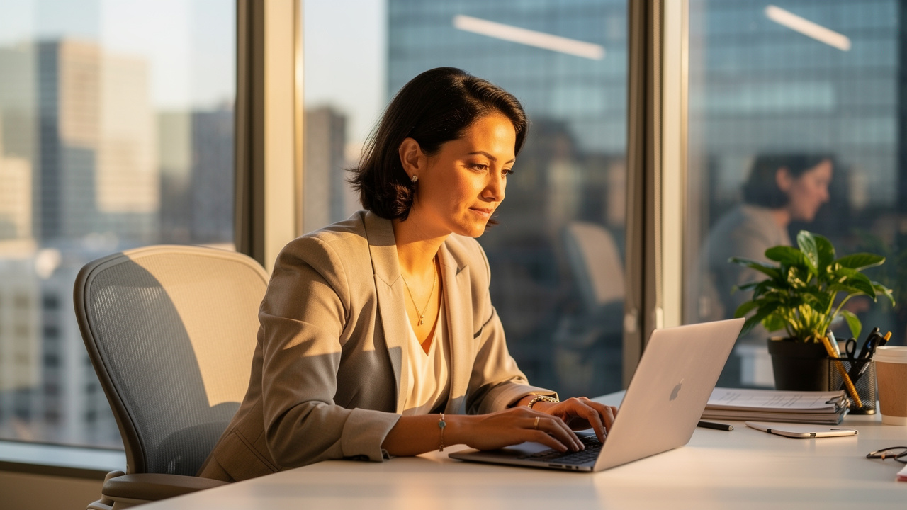 Professional woman working calmly and focused at desk