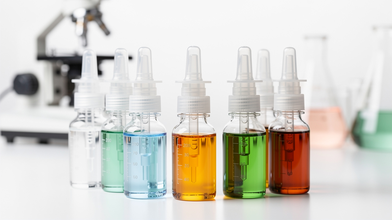 Multiple nasal spray bottles arranged for supplement stacking