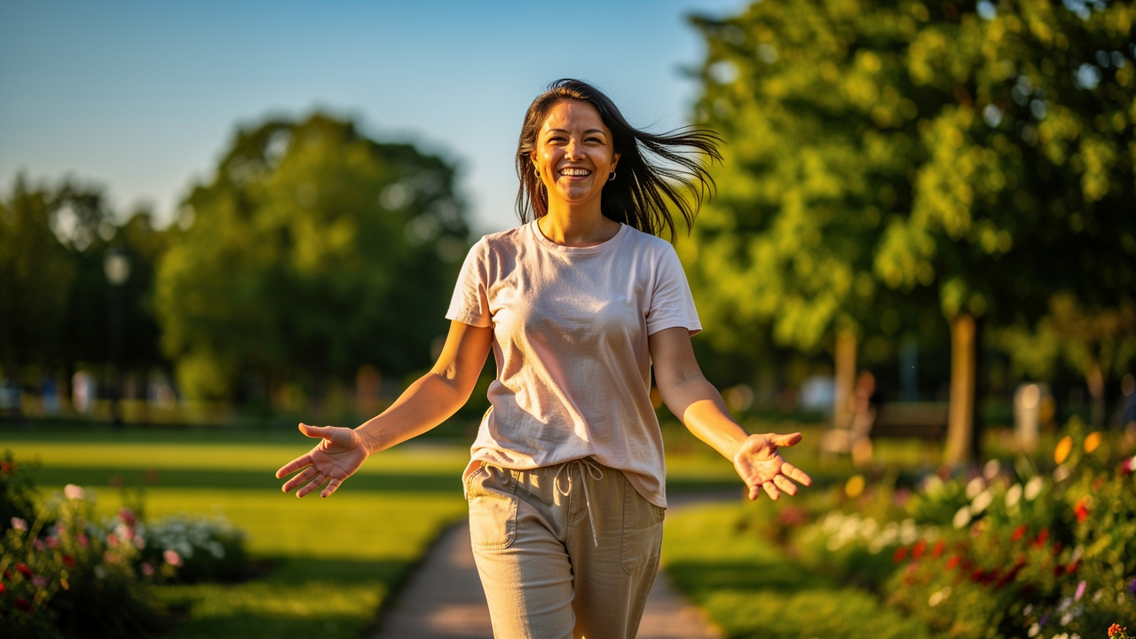 Joyful person in morning sunlight showing emotional wellbeing