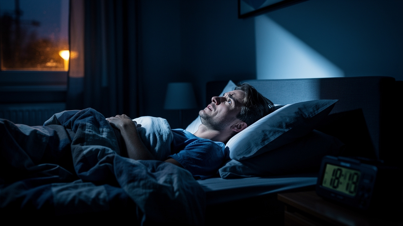 Person experiencing chronic insomnia and nighttime anxiety in bed