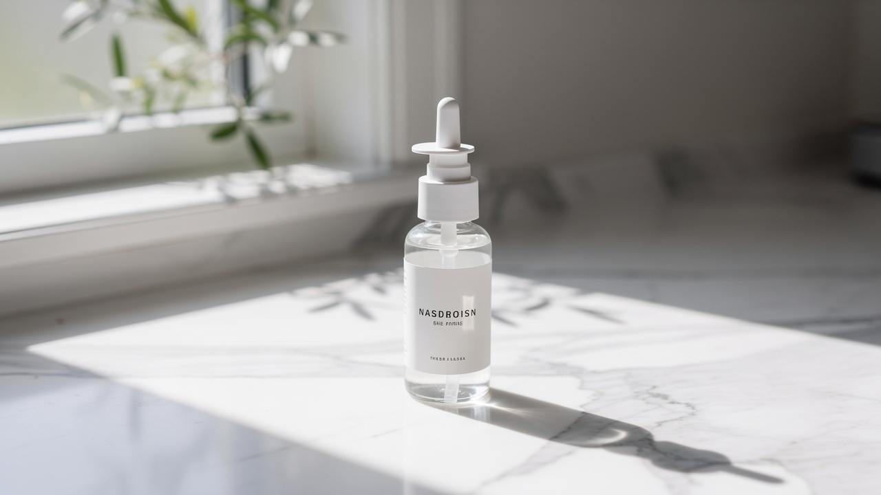 Modern nasal spray bottle in natural lighting