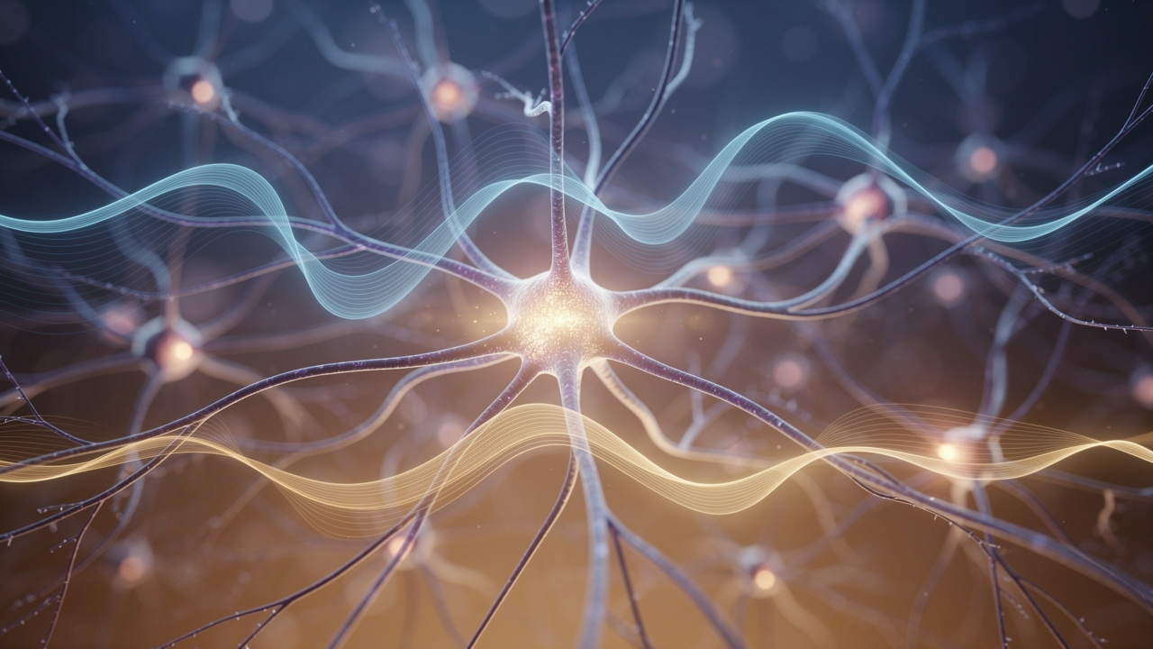 Neural pathways showing calming brain activity and neurotransmitter connections