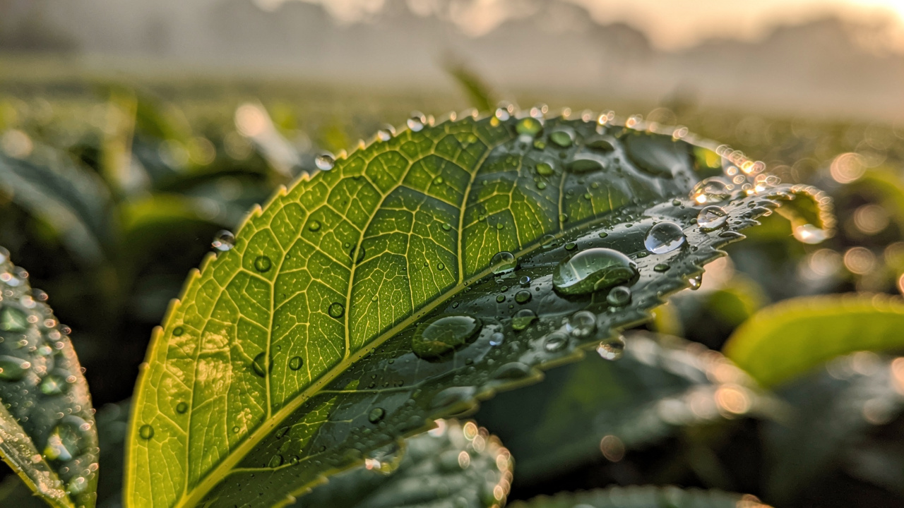 Fresh green tea leaves with dew drops showing natural theanine source