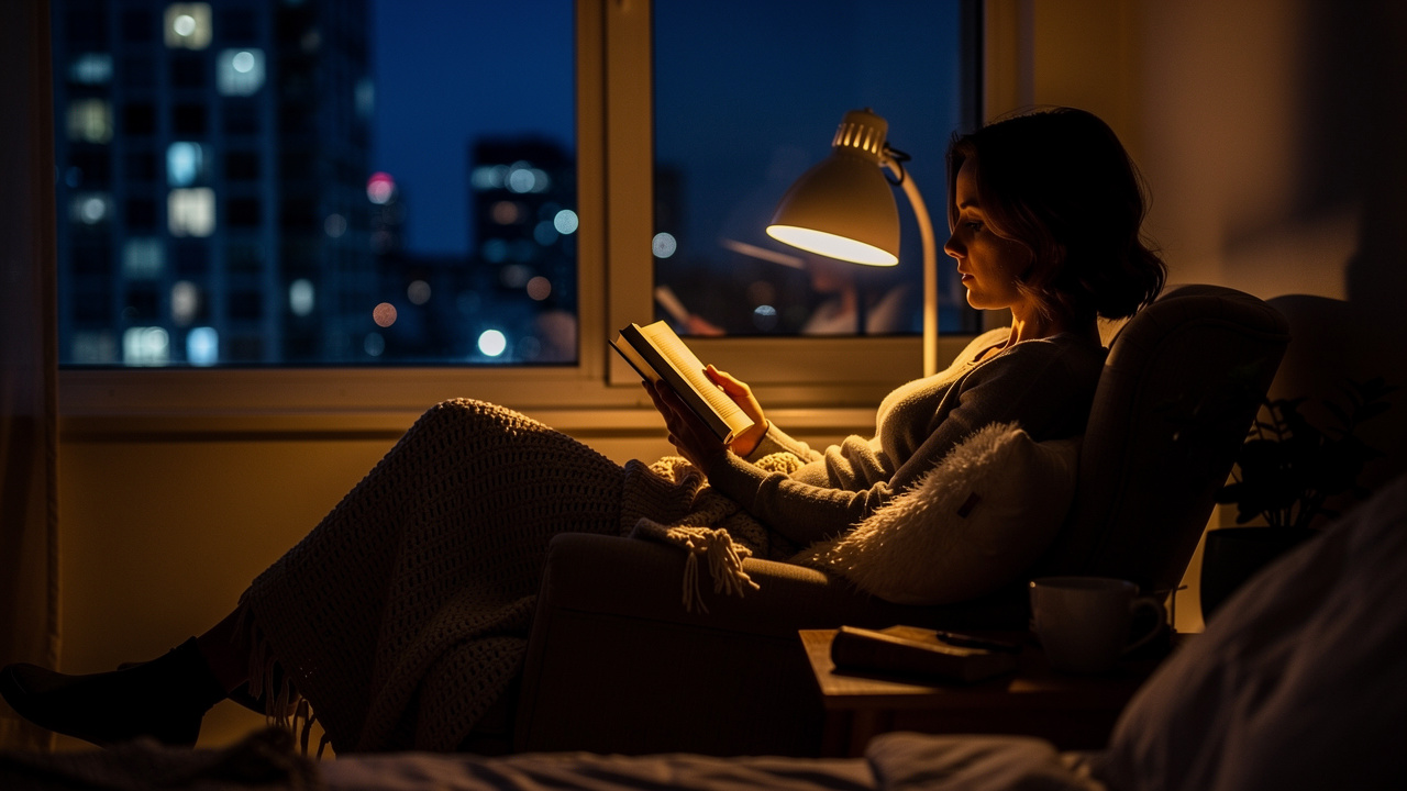 Person relaxing with book in warm lamplight during evening wind-down routine