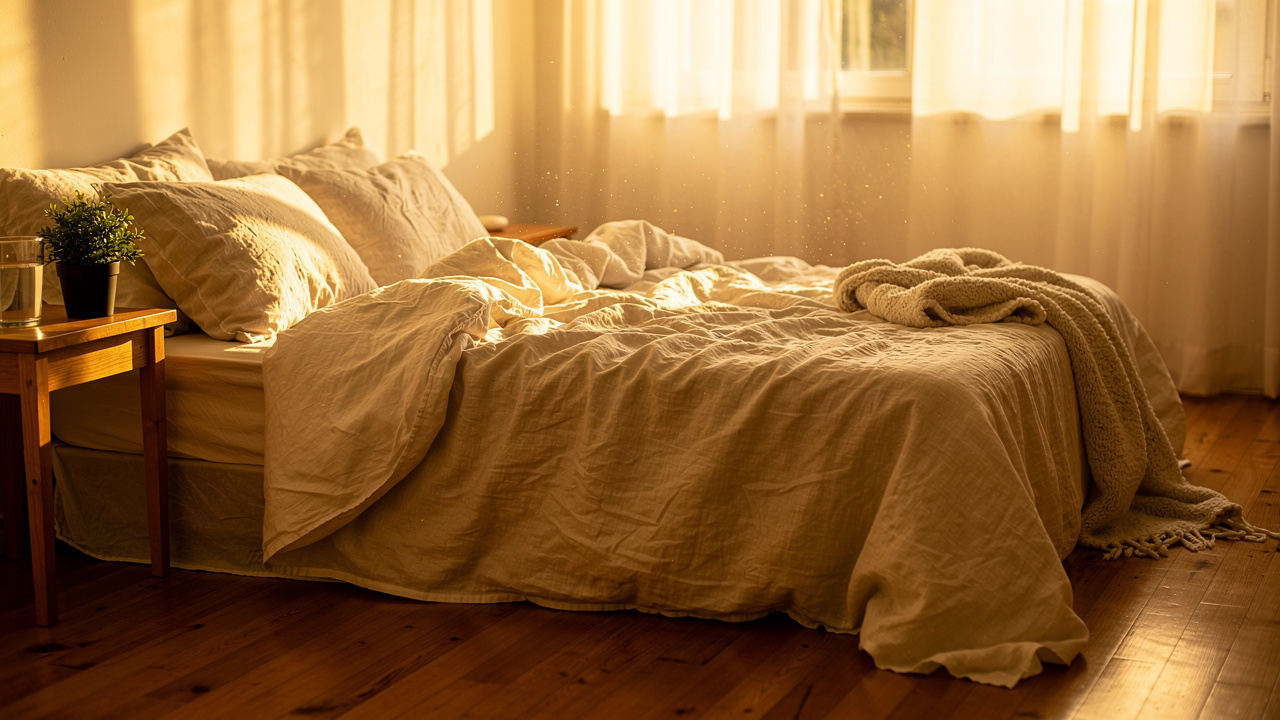 Serene bedroom with natural light and comfortable linens promoting restful sleep