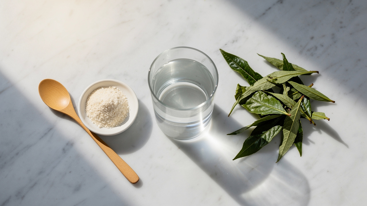 Overhead view of theanine supplement with tea leaves and water preparation