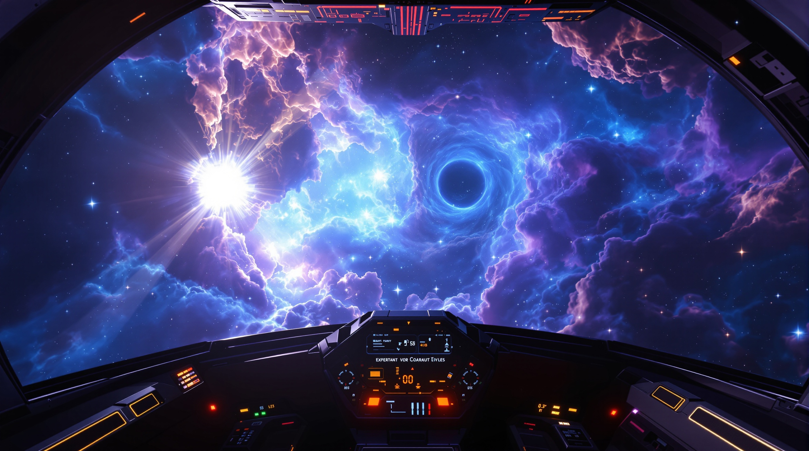 Vista desde la cabina de una nave en Elite Dangerous mostrando la interfaz holográfica