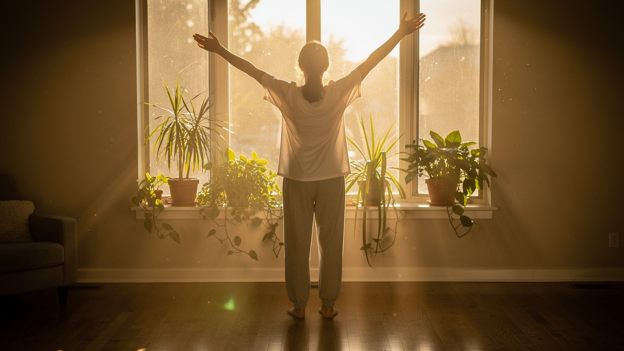 Person welcoming morning sunlight through window