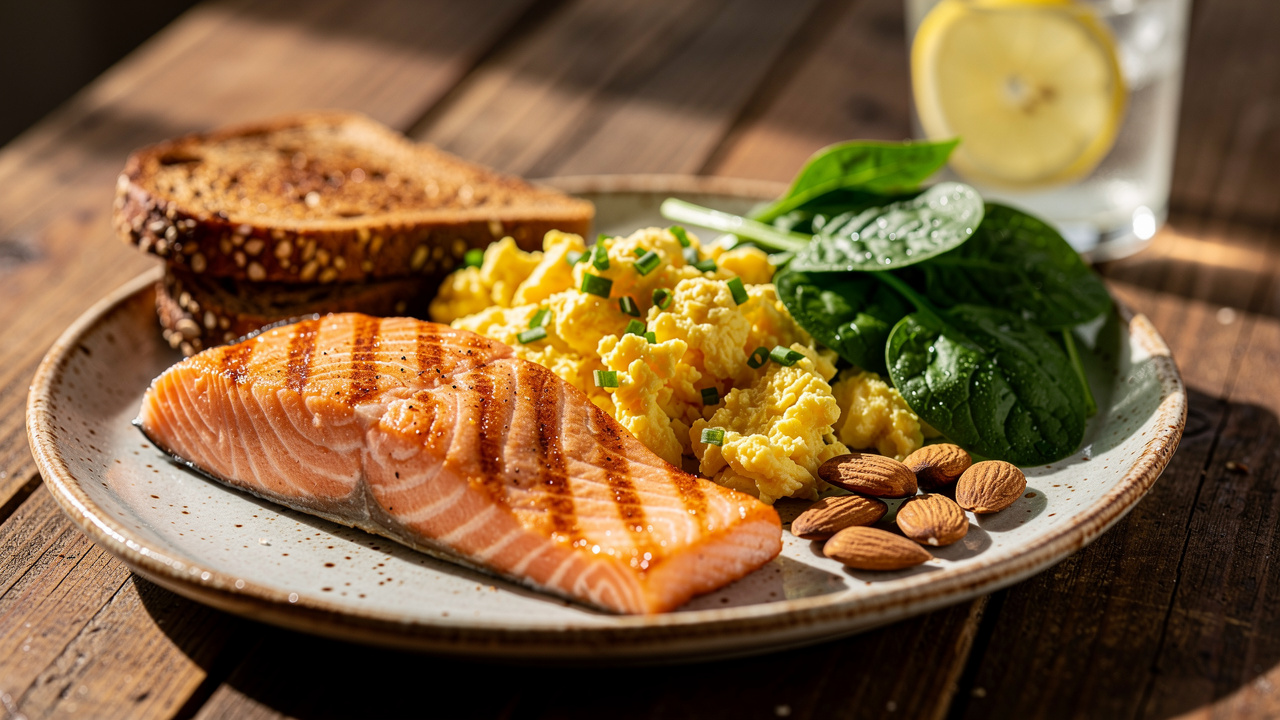 Nutritious breakfast with salmon, eggs, and whole grains