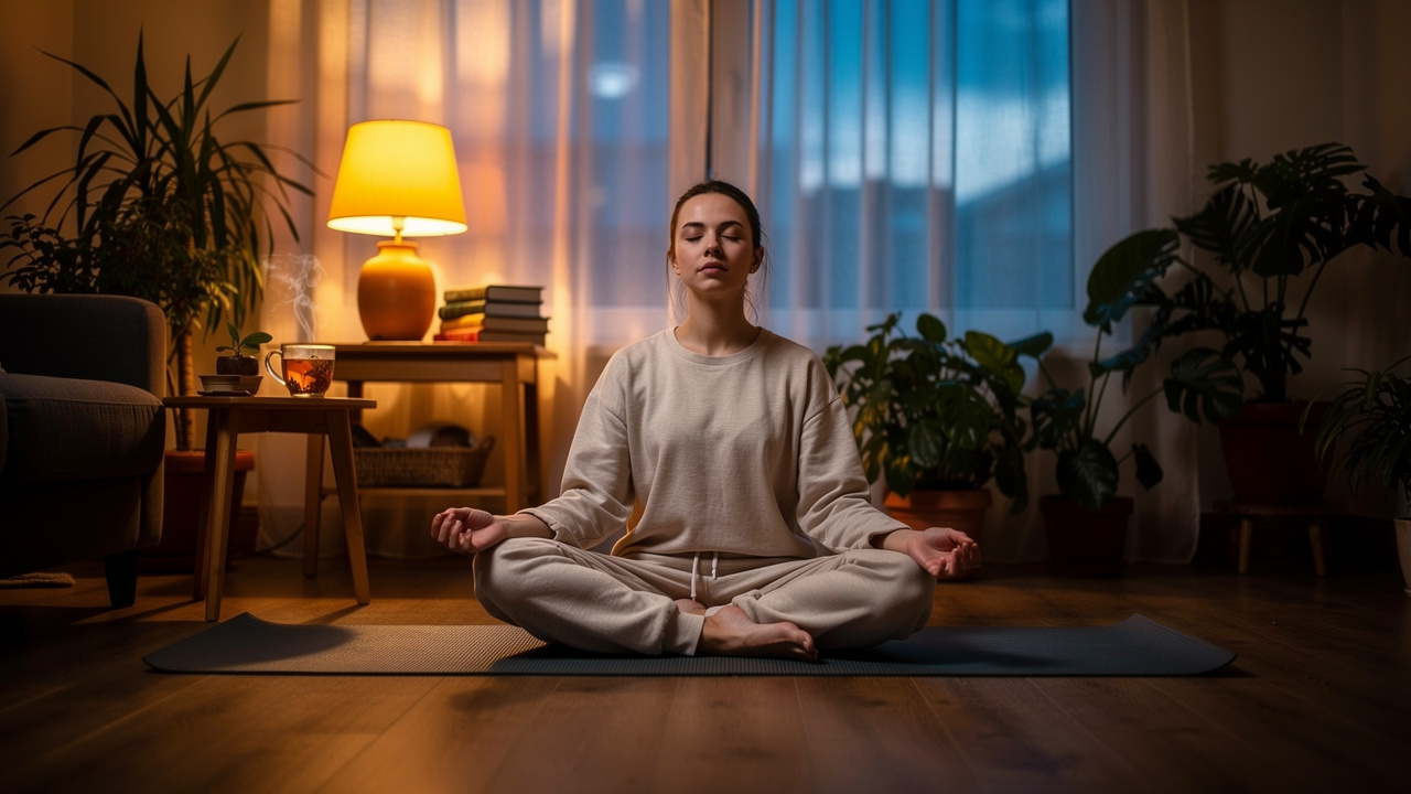 Person meditating in peaceful evening home setting