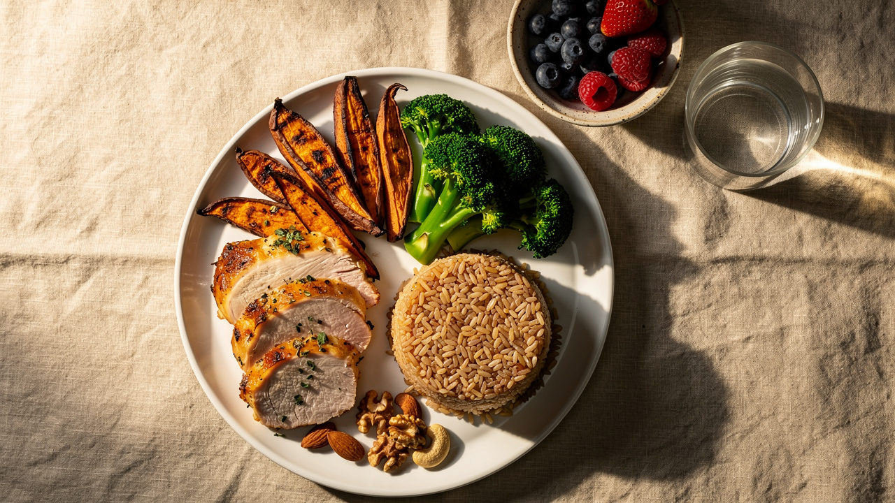 Balanced dinner with turkey, sweet potatoes, and vegetables