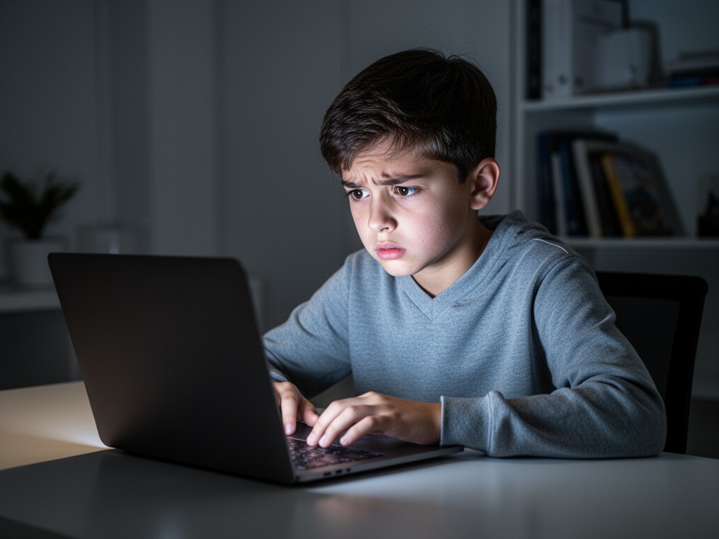 a-14-year-old-boy-sitting-at-a-laptop-illuminated-10bd007d9w