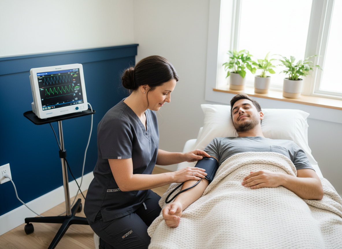 A clinician gently adjusts a blood pressure cuff on a relaxed patient reclining under a blanket in a bright, well-equipped treatment room with plants and monitoring devices visible, lit by soft natural window light. The scene feels calm and welcoming with clean white and soft blue accents and minimal background distractions.