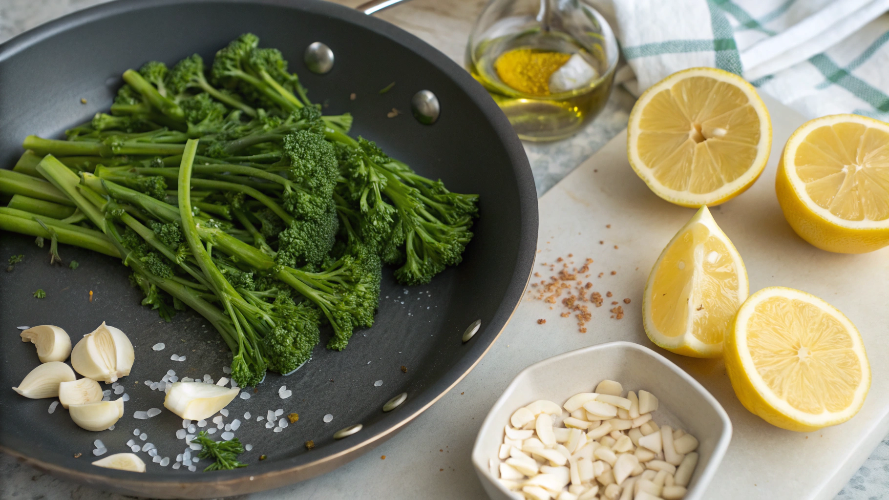 Sautéed Broccolini with Lemon & Garlic Cooking broccolini in a skillet