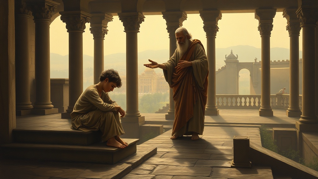 A seeker at a forked path with an advisor, allegorical scene