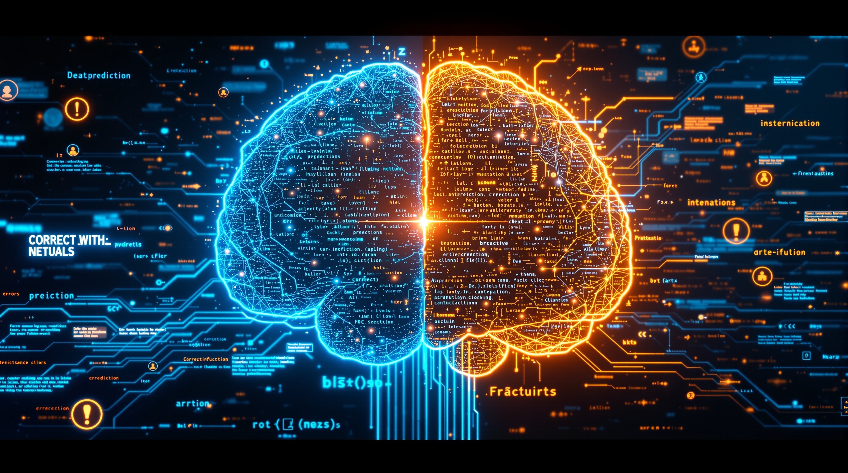 Conceptual artwork of an AI neural network visualized as a glowing data circuit illustrating correct predictions and errors.