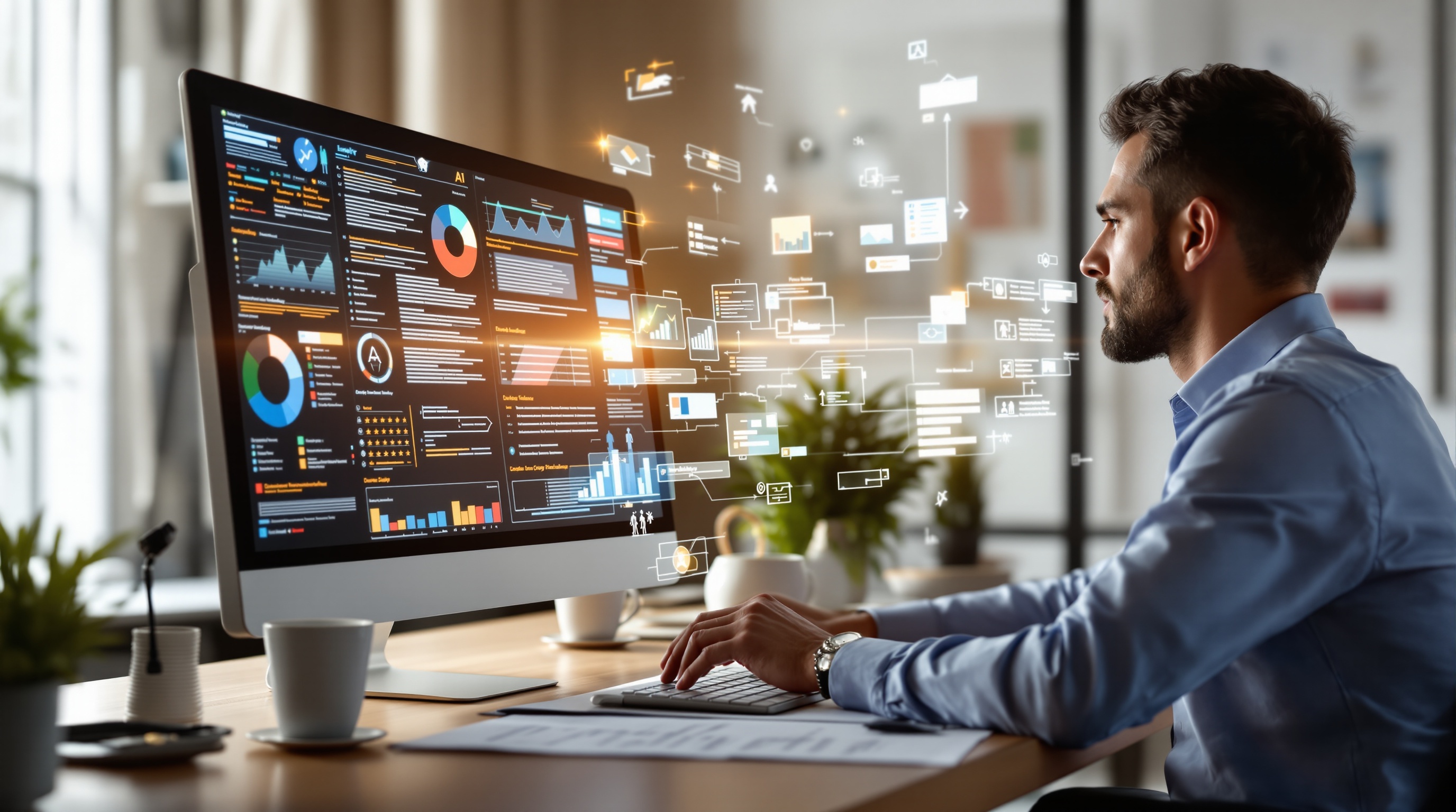 Professional reviewing AI-generated content with a holographic assistant, symbolizing verification and human oversight in AI workflows.