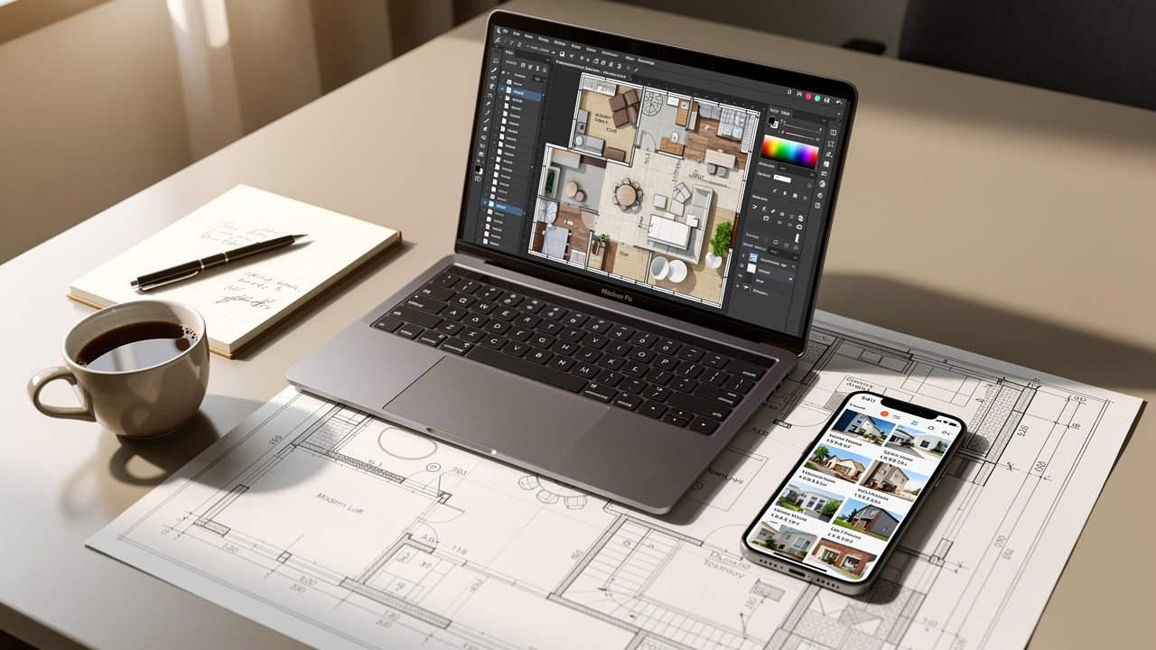 Real estate technology workspace with design tools