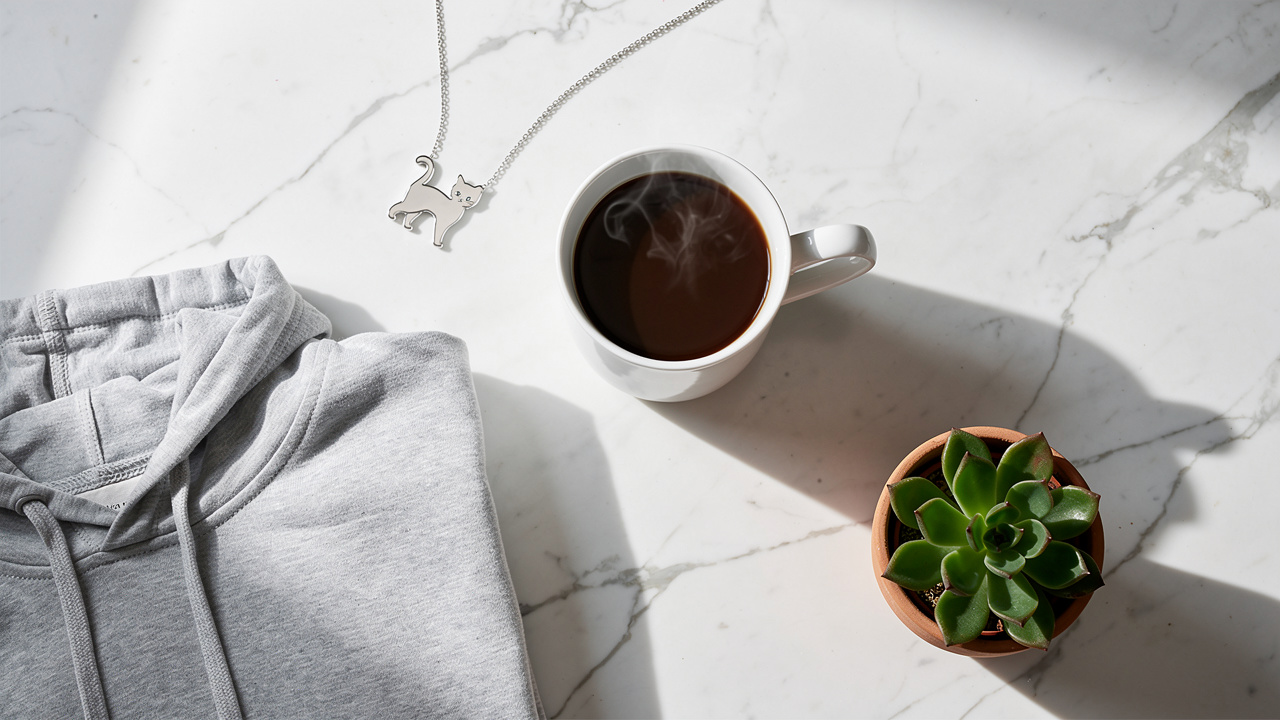 Kaffeetasse mit Hoodie und Katzenschmuck