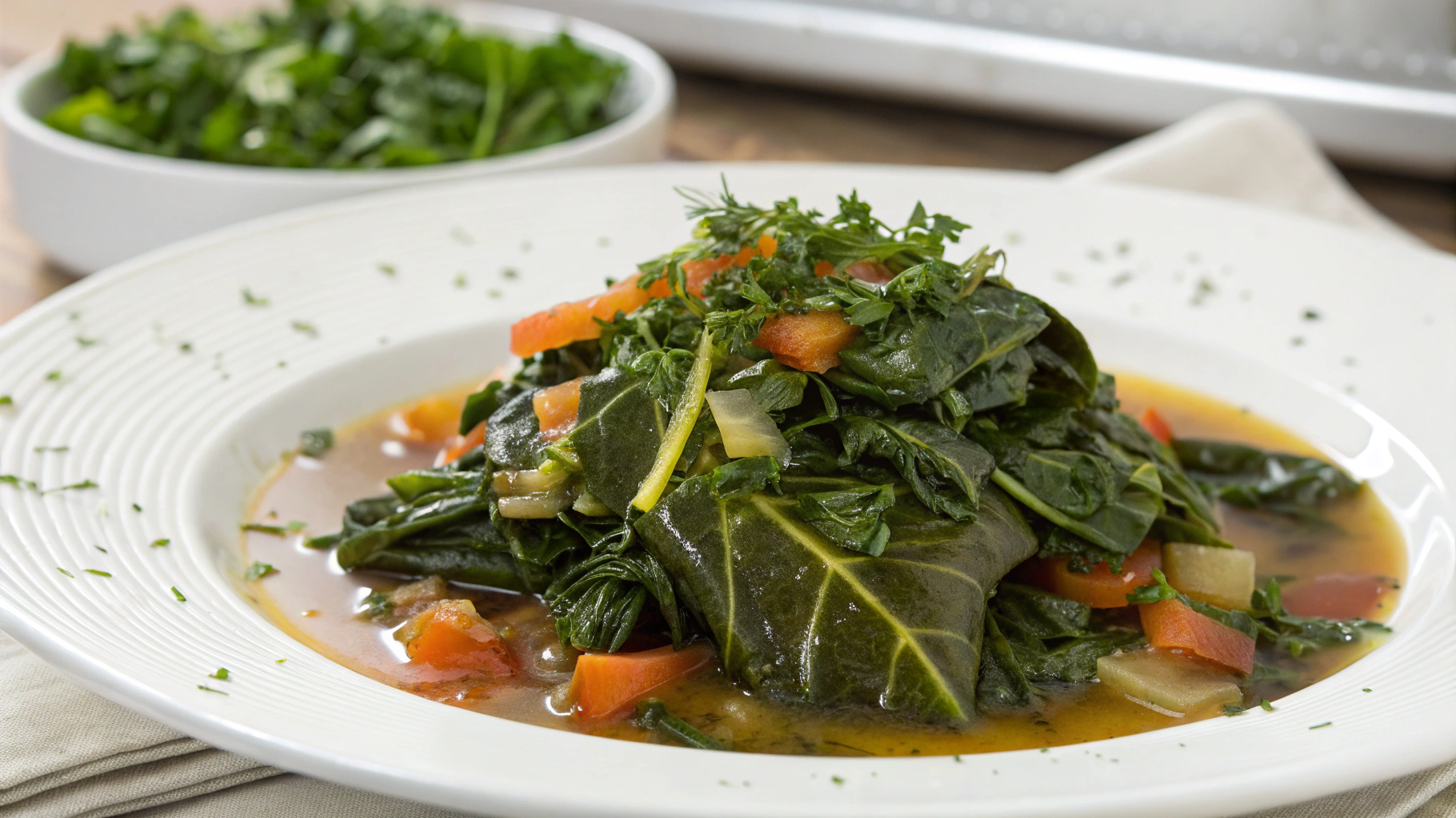 Collard Greens Braised with Vegetable Broth Fresh collard greens and ingredients for braising